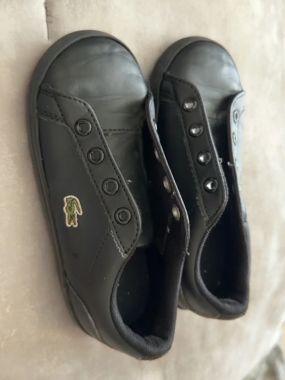 Kid’s Lacoste Black Slip-On Leather Sneakers with Green Croc Emblem